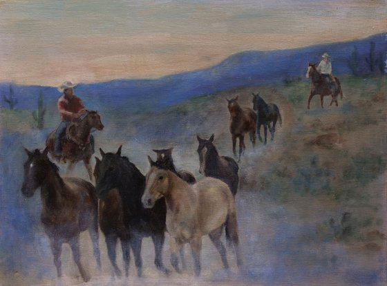 Stolen Horses, 12 X 16" oil of cowboys rustling horses, unframed