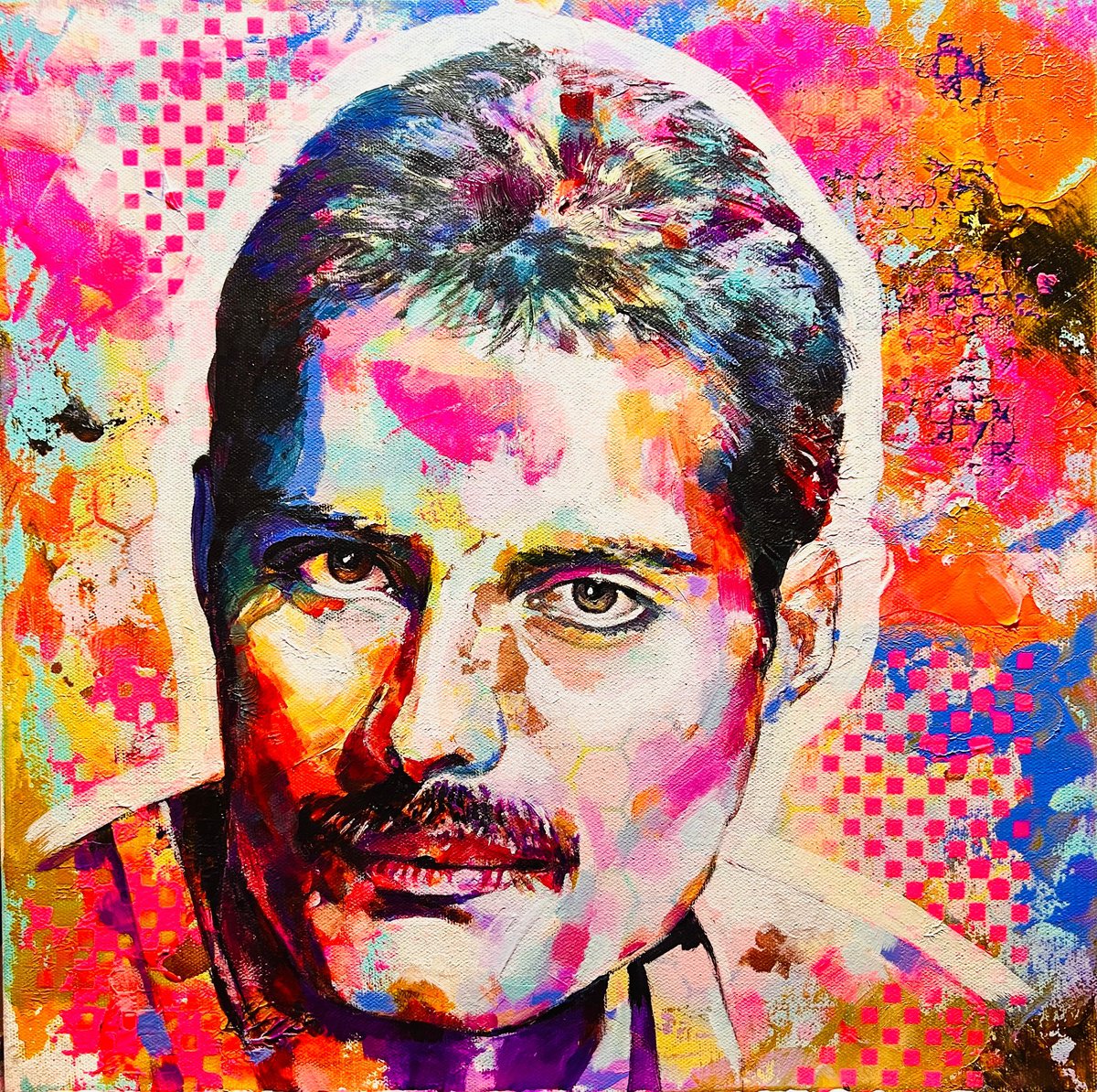 Expressive Portrait Acrylic Painting By Kirsten Todd, 17 X 17", Iconic - Freddie Mercury, Original Artwork