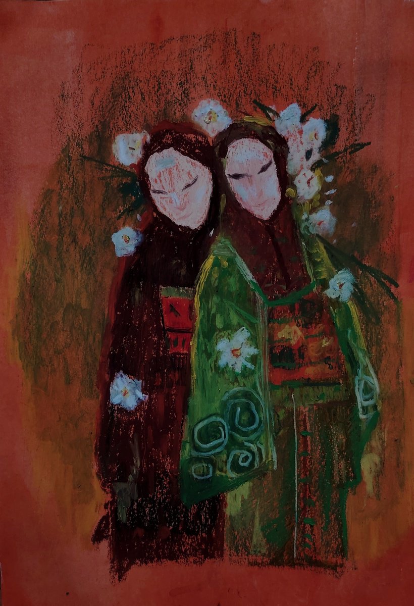 Abstract Portrait Oil Painting By Kira K. Sadian, 12 X 16", Two Netsuke, Original Artwork