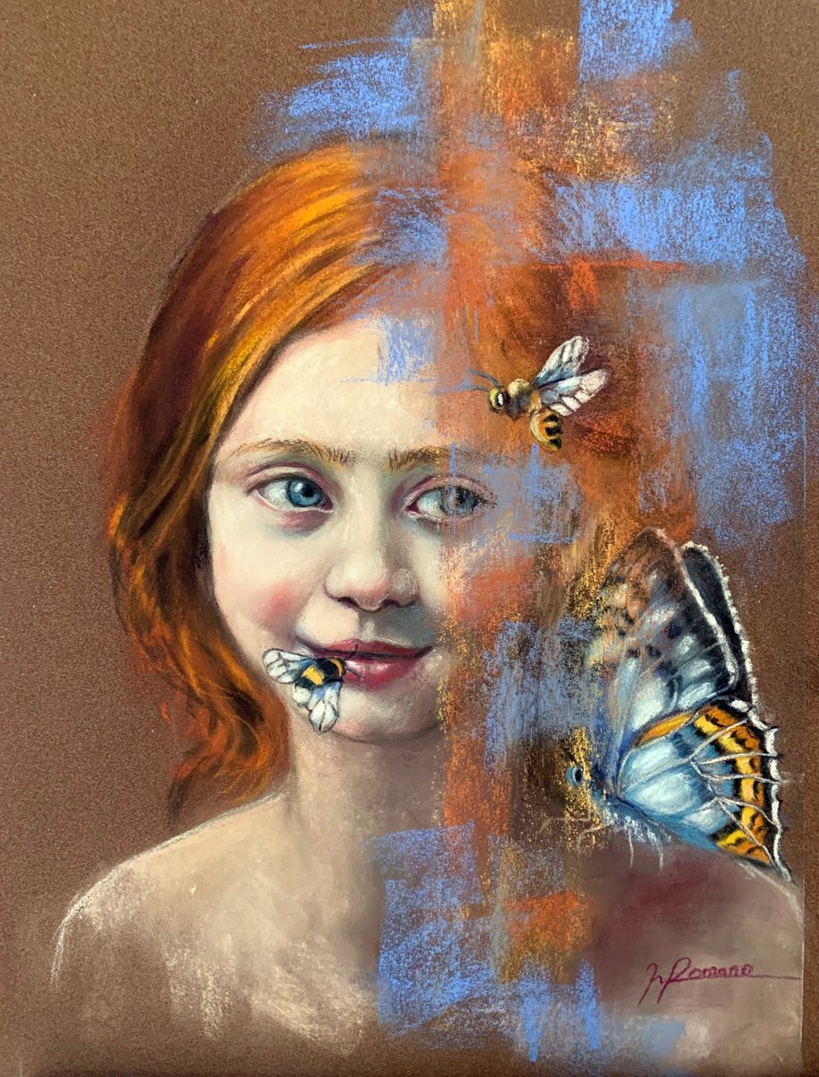 Expressive Animal Pastel Drawing By Maria Romano, 12 X 16", Dance Of Wings, Original Artwork