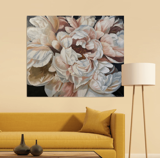 Peonies Rebirth White black flowers bloom peony painting large size realistic flower