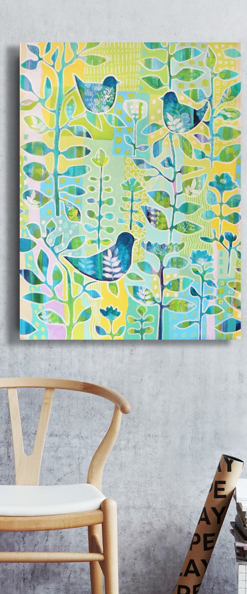 Spring garden (blue birds and plants patterned artwork - ready to hang) by Carolynne Coulson