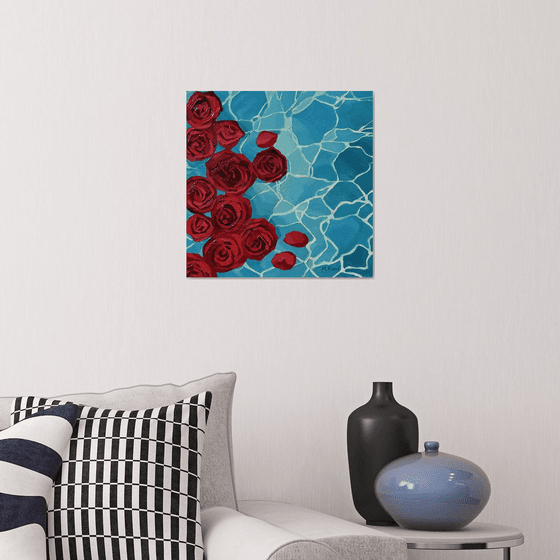 Crimson petals.Blue silence