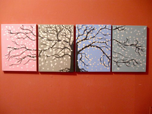 triptych abstract original wall canvas art landscape tree painting canvas triptych wall art "Seasons" pop abstraction contemporary art tree of life blossom " 36 x 12 inches quadriptych by Stuart Wright