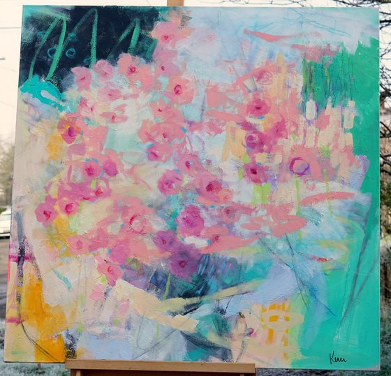 Hollyhock Parade 36x36" Large Cheerful Abstract Floral Painting on Canvas