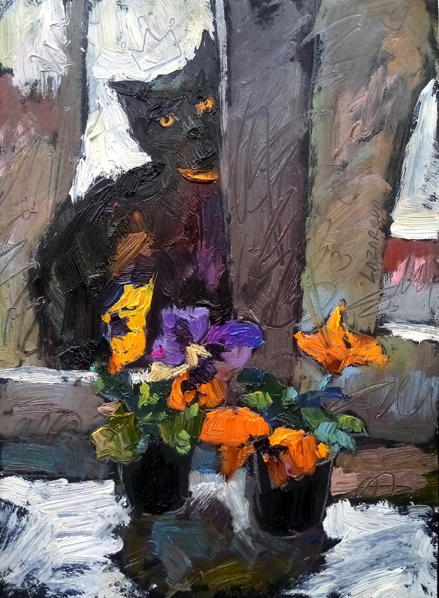 Black cat & Pansies/2022 by Valerie Lazareva