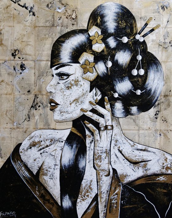 Golden Elegance 120cm x 150cm Geisha Book Page Urban Pop Art