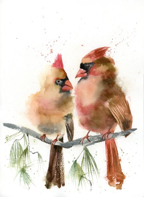 Two Cardinals on a branch - original watercolor painting by Olga Shefranov (Tchefranov)