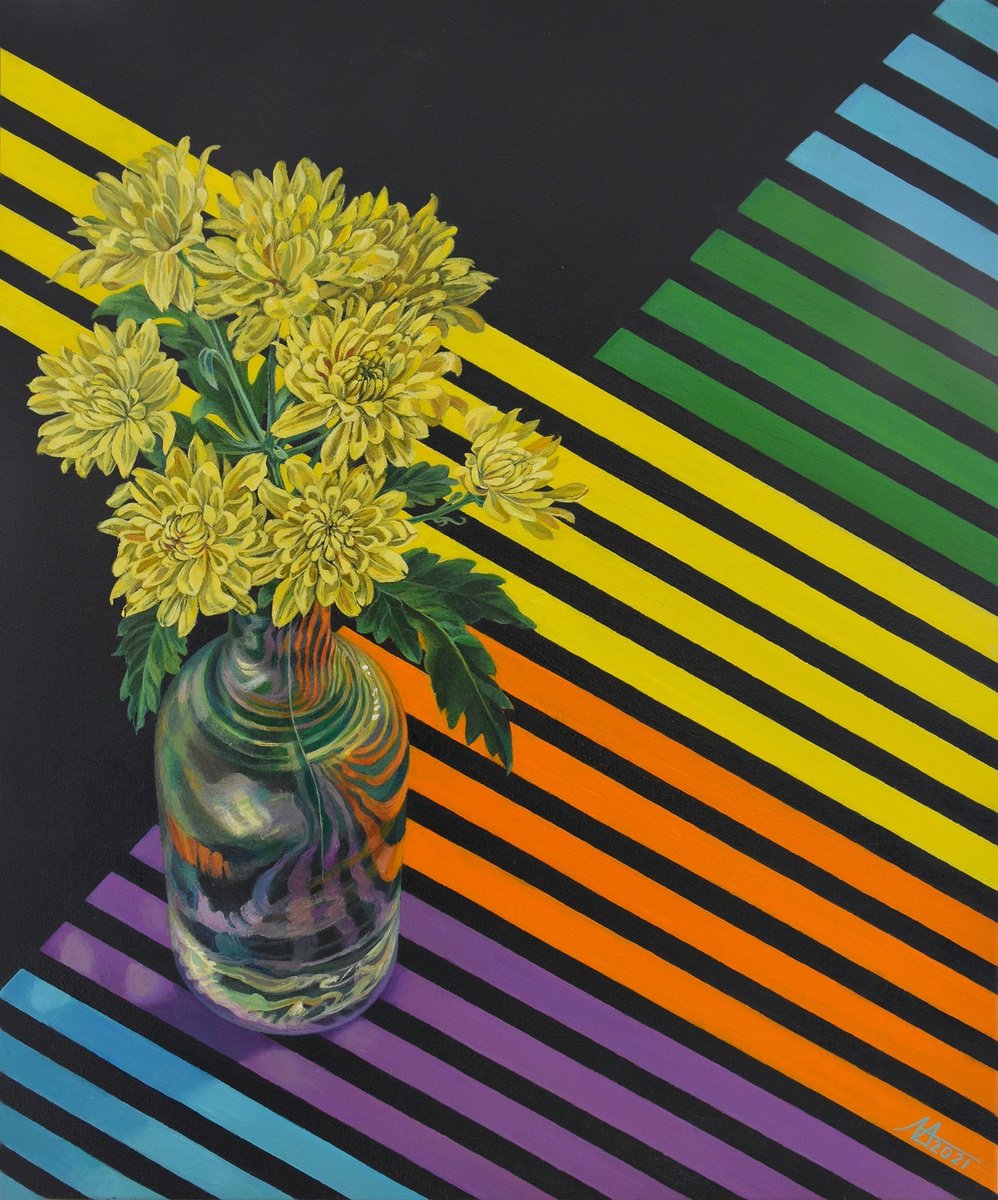 Photorealistic Still Life Oil Painting By Alona Lesnichenko, 20 X 24, Rainbow Chrysanthemums, Original Artwork