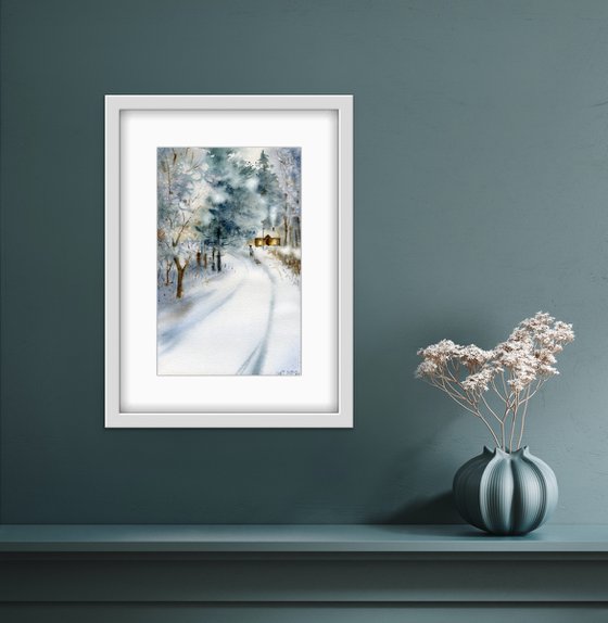 Winter's Tale. Winter village landscape with the road home. Watercolor artwork.