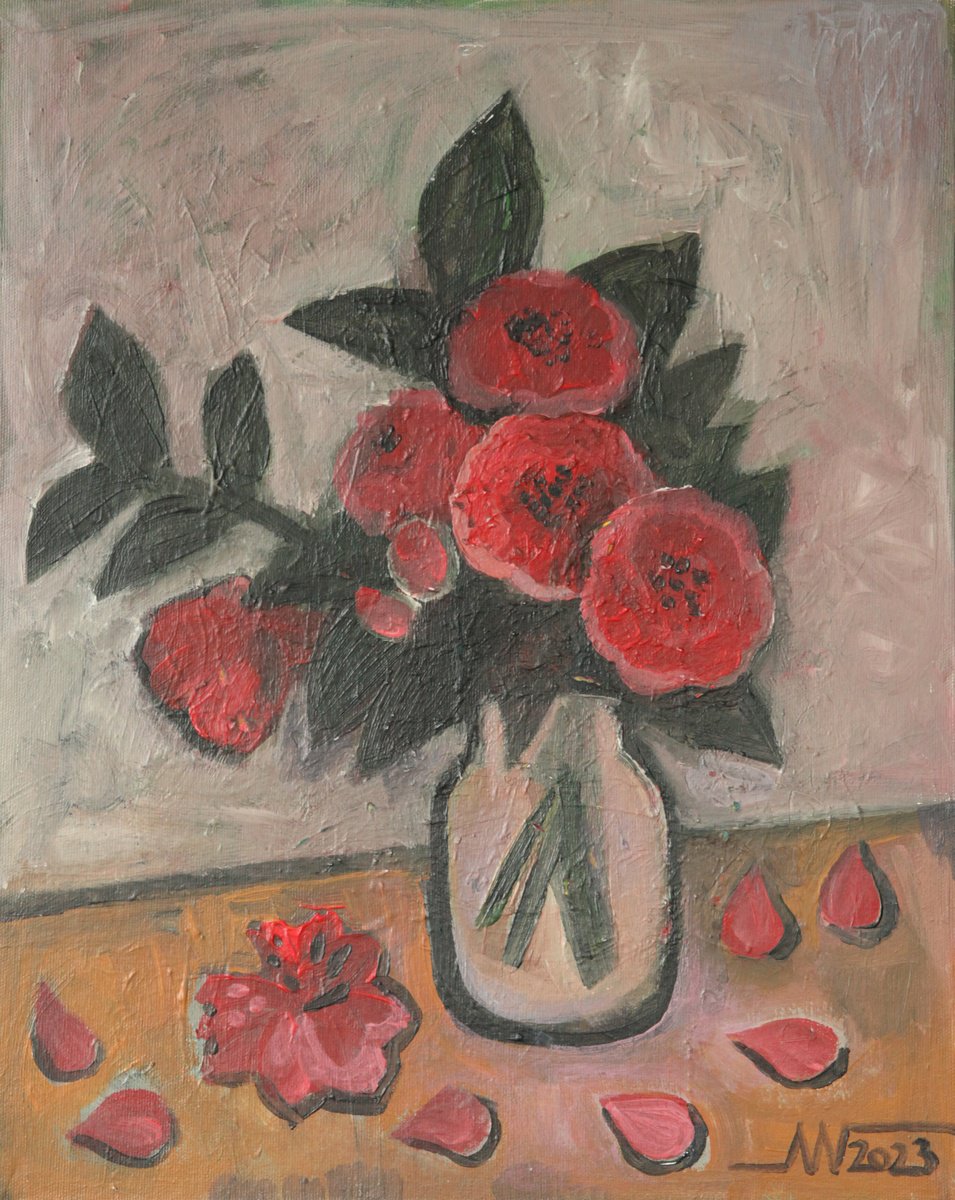 Botanical Acrylic Painting By Marina Gorkaeva, 16 X 20", Camellias, Original Artwork