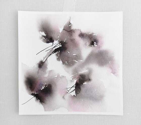 Black abstract flowers, small watercolor floral painting