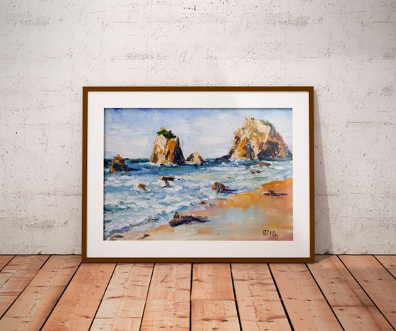 Atlantic cost. Portugal. Study. Original oil painting. Small size portugal beach rocks yellow blue nature landscape impressionism decor interior