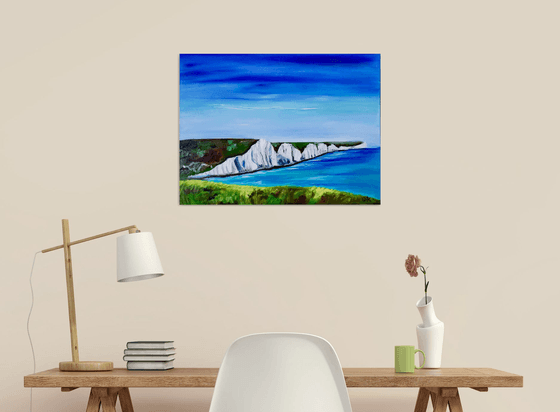 SEVEN SISTERS,   WHITE CLIFFS, SUSSEX . THE ENGLISH Countryside LANDSCAPE, OIL PAINTING. OFFICE URBAN WALL ART