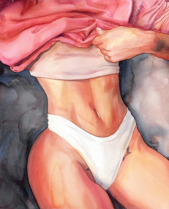 🌟STAR OF TEMPTATION🌟WATERCOLOR PAINTING REALISM, ORIGINAL GIFT, EROTIC GIRL, OFFICE DECOR, HOME INTERIOR, WALL ART, PINK