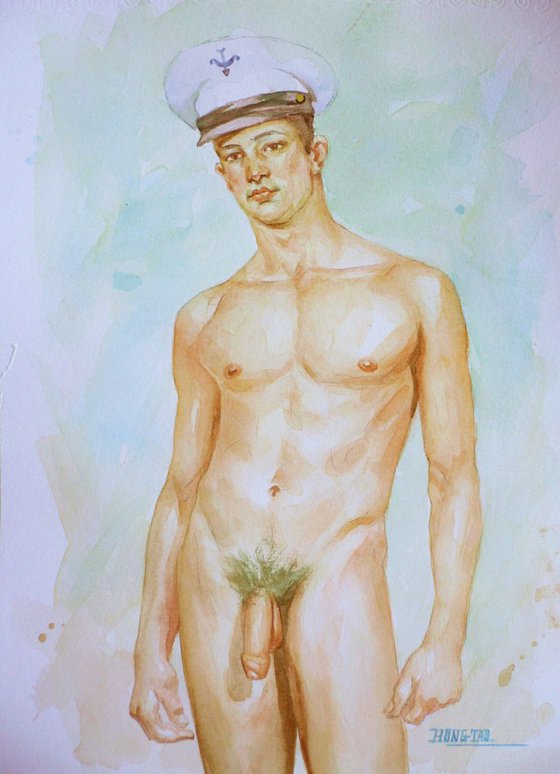 original watercolour painting  artwork  soldier of male nude on paper#16-8-14