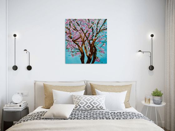 CHERRY  blossom , spring in London white, pink, turquoise 62x66cm ready to hang oil painting