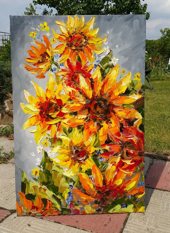 Bright sunflowers - painting sunflowers, oil painting, flower, sunflowers painting original, oil painting floral, wall art, gift, home decor