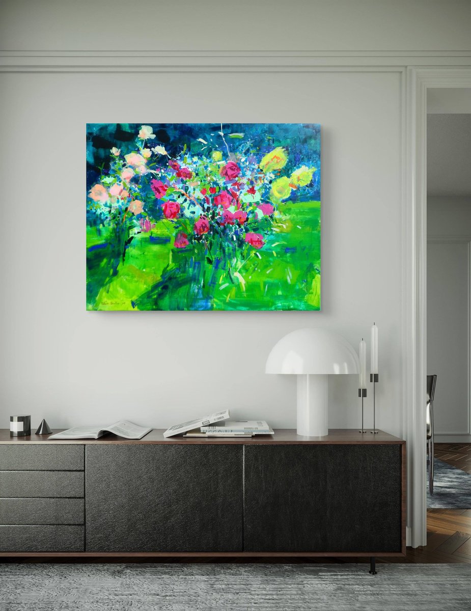 Impressionistic Botanical Acrylic Painting By Yehor Dulin, 39 X 31", "Dahlias", Original Artwork