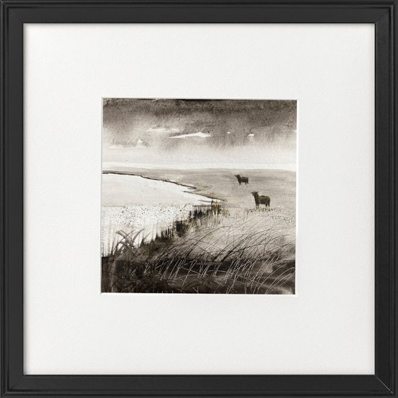 Monochrome Highland Cattle Marshes framed