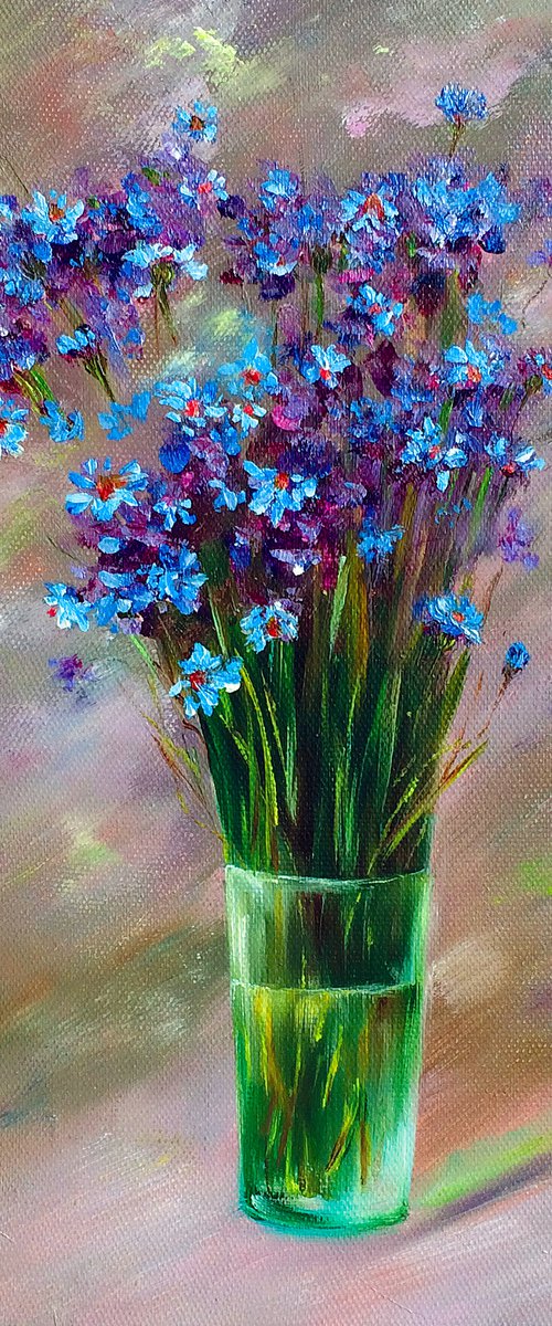 BOUQUET OF BLUE CORNFLOWERS - Wildflowers. Cornflowers. Beautiful bouquet. Abstract background. Freshness. Little. Cute. by Marina Skromova