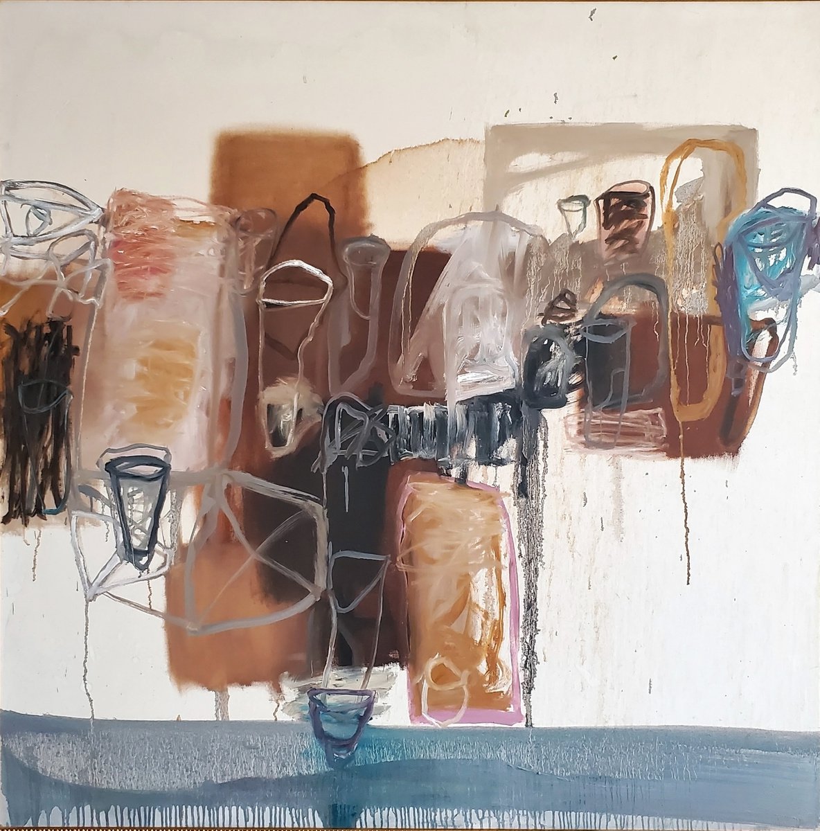 Expressive Abstract Oil Painting By Shelton Walsmith, 53 X 53", Last Train To Brown Town, Original Artwork