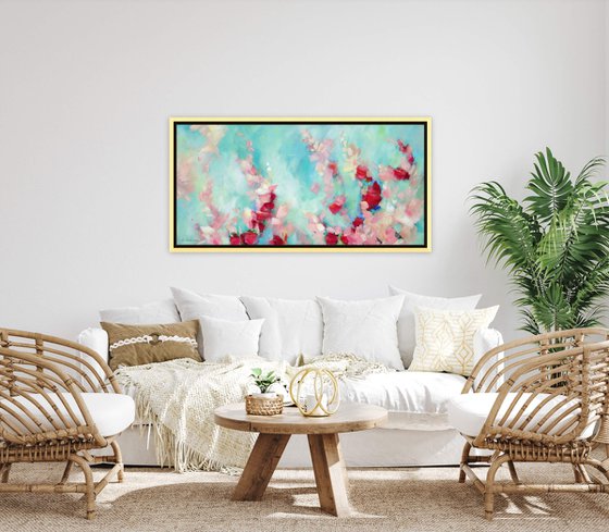 3D Textured Painting Large Flowers Teal Abstract Painting Coral White Green Red Floral Landscape. Tropical Botanical Garden Painting on Canvas. Modern Impressionism