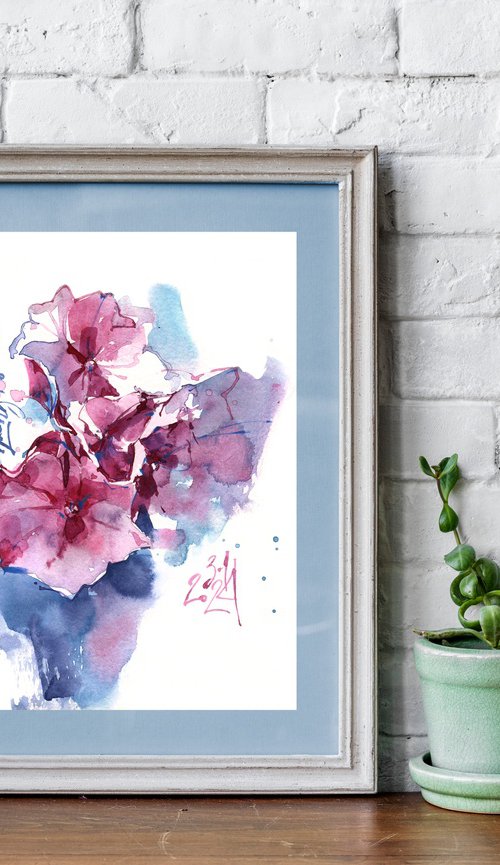 "Hydrangea. Pink Butterflies" original watercolor painting of hydrangea flowers, in small format by Ksenia Selianko