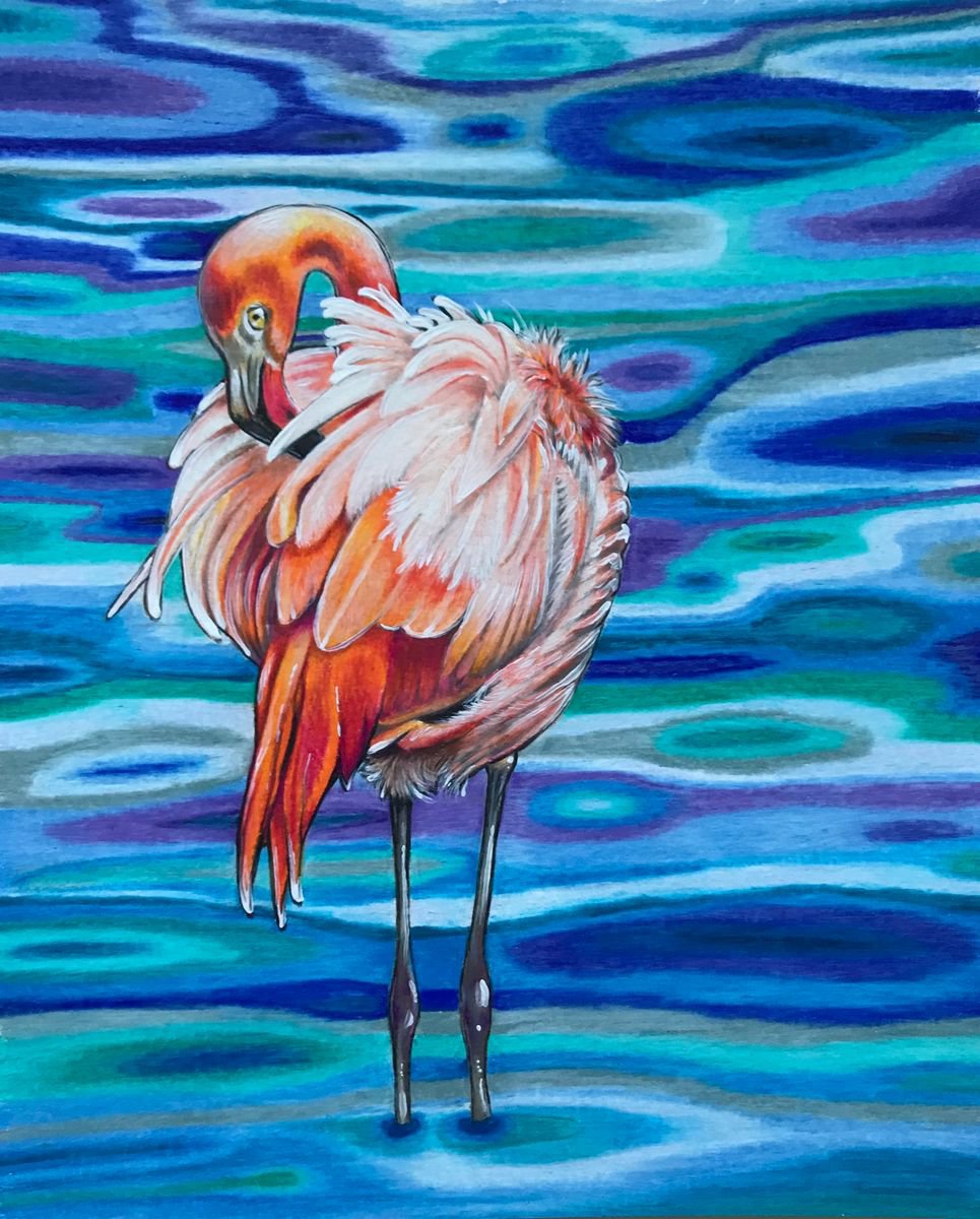 Preening flamingo by Karen Elaine Evans