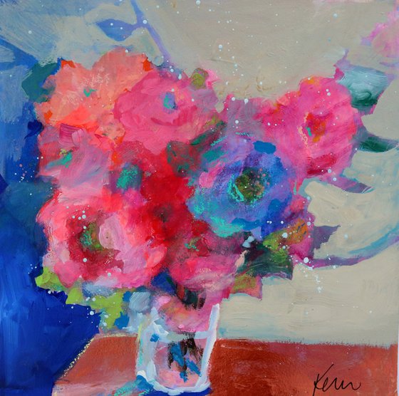 Gracing the Table 12x12" Colorful Loose Abstract Floral, Bouquet of Roses Still Life