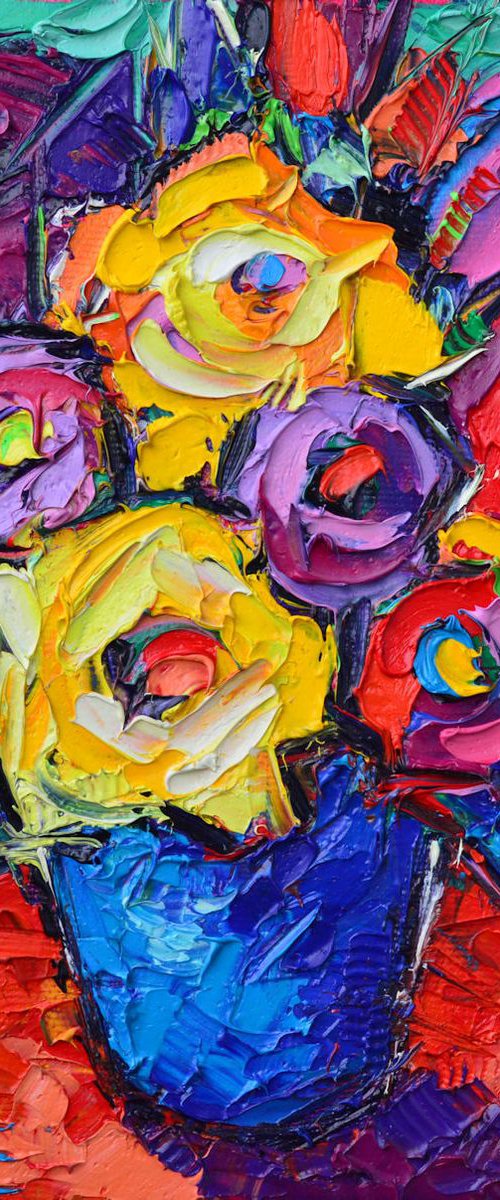 ABSTRACT COLOURFUL ROSES  - modern impressionism textural impasto palette knife original oil painting on canvas contemporary floral art by Ana Maria Edulescu by ANA MARIA EDULESCU
