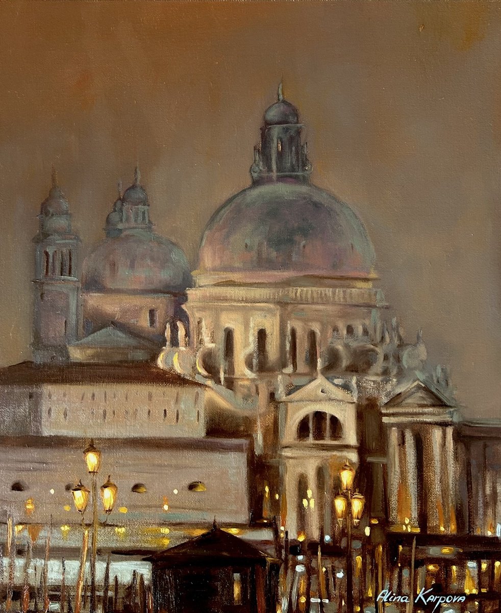 Impressionistic Cityscapes Oil Painting By Alina Karpova, 10 X 12, Night In Venice, Original Artwork