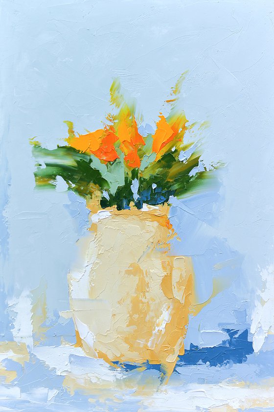 Abstract still life painting. Flower in vase oil painting. Original artwork for gift