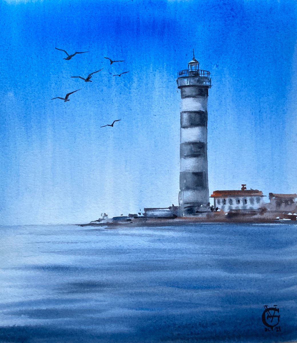 Photorealistic Landscape Watercolour By Valeria Golovenkina, 8 X 10", Light Blue Lighthouse, Original Artwork