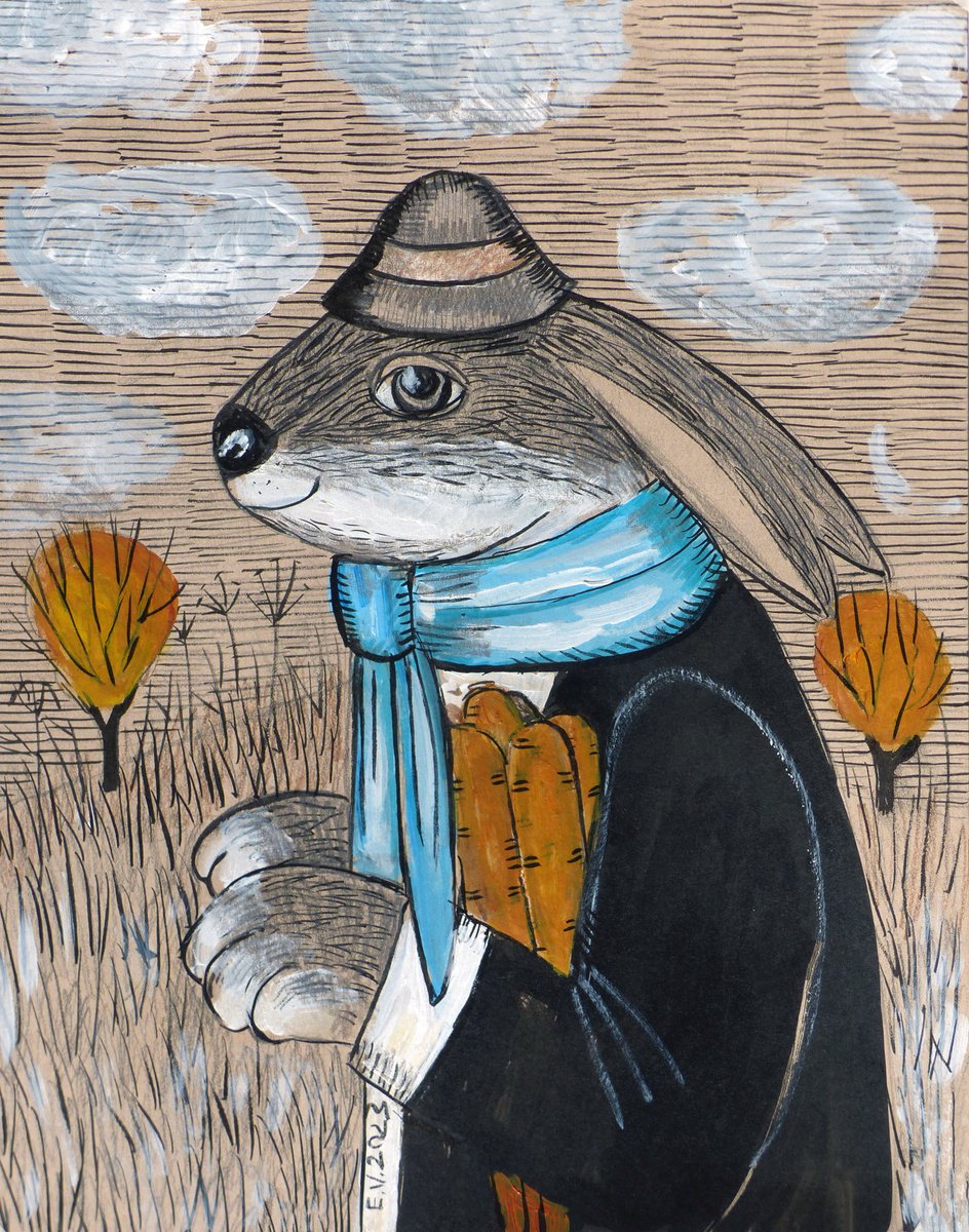 Naive Animal Painting By Elizabeth Vlasova, 11 X 14, Autumn Bunny, Original Artwork