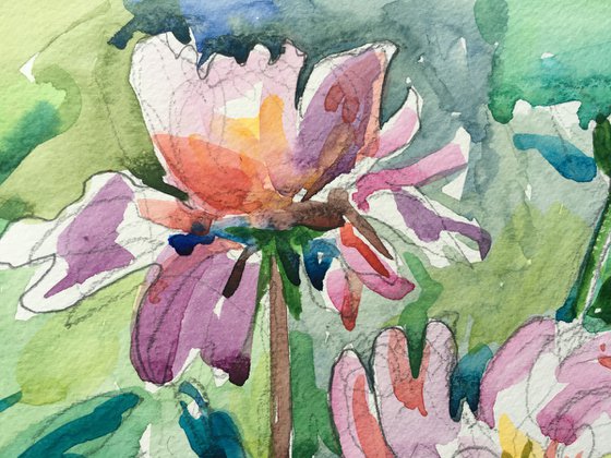 Paeonia lactiflora watercolor painting. Pink peonies in the garden.