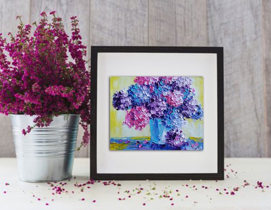 Flowers in the house - small painting, bouquet, hydrangea, flowers oil painting, oil painting, flowers,  postcard, gift idea, gift