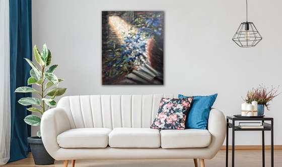 Light of hope, blue flowers in a beam of light, a picture for the interior.