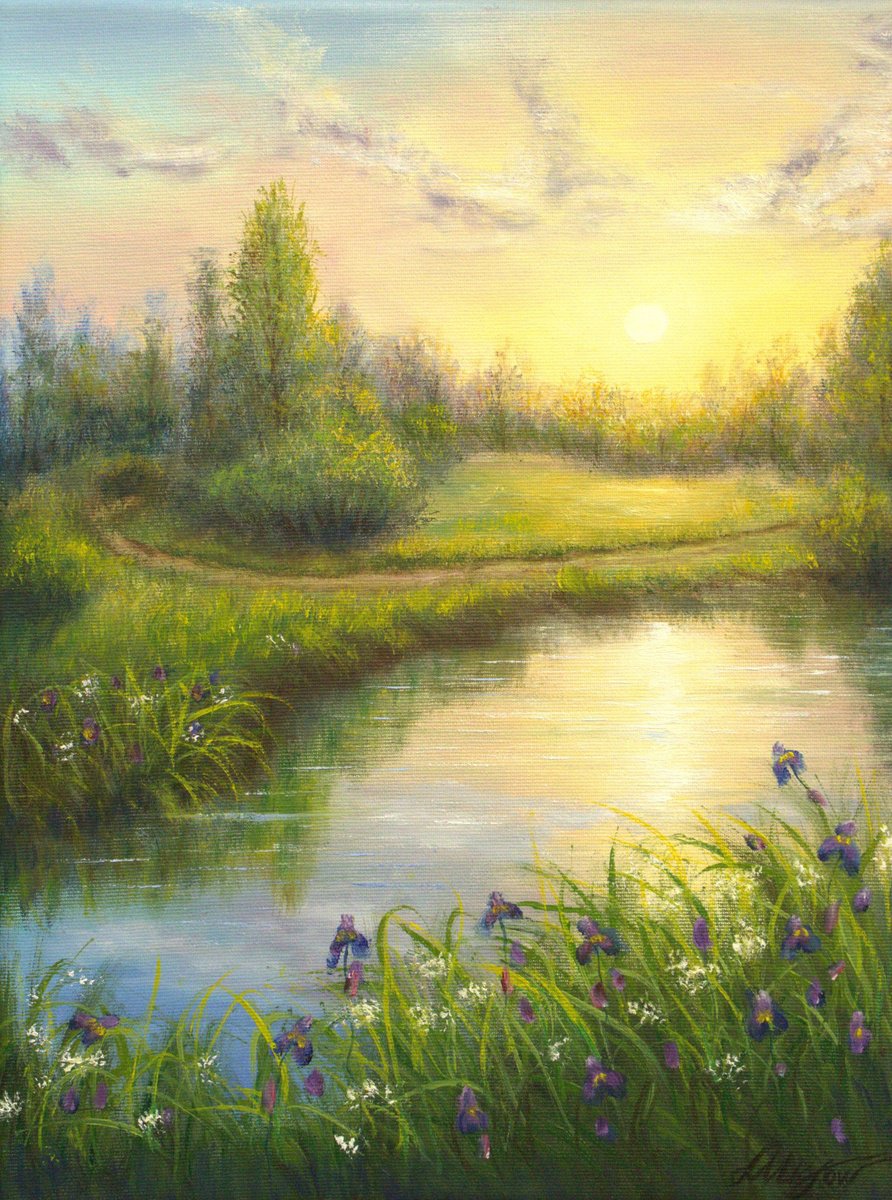 Photorealistic Oil Painting , Sunset At The Lake By Ludmilla Ukrow, 12 X 16, Artwork For Sale On Artfinder
