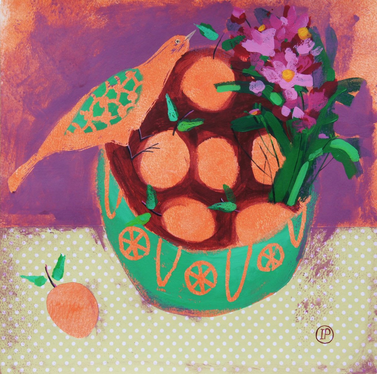 Impressionistic Animal Acrylic Painting By Irina Plaksina, 10 X 10, My Bird Enjoys Peaches, Original Artwork