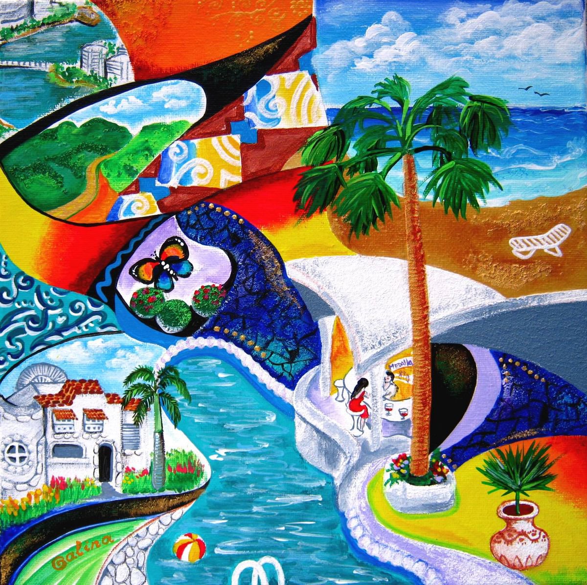 Landscape Acrylic Painting By Galina Victoria, 12 X 12, Memories Of Condado, Original Artwork