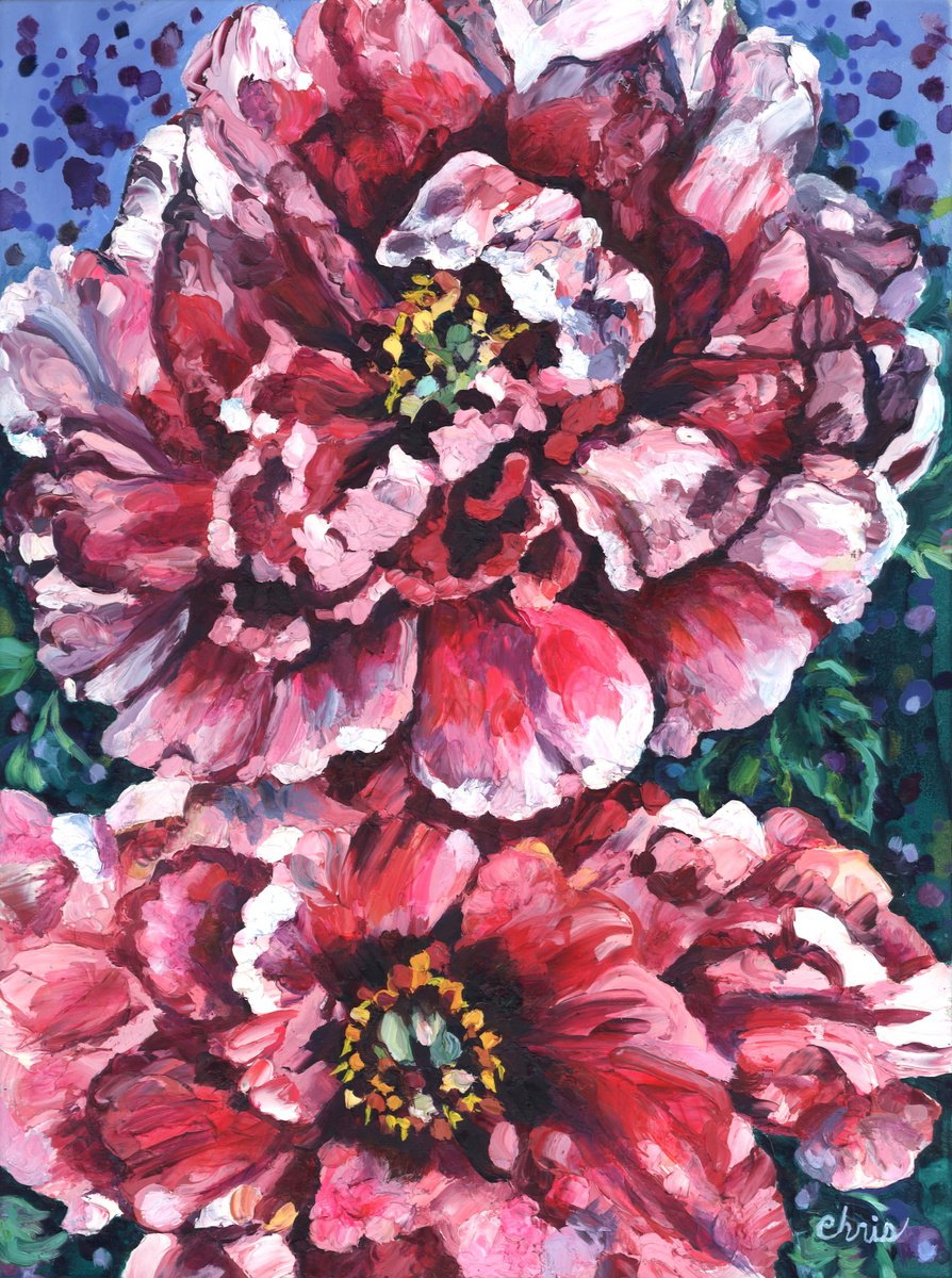 Impressionistic Botanical Oil Painting By Christina M Plichta, 18 X 22, Tree Peony Duet, Original Artwork
