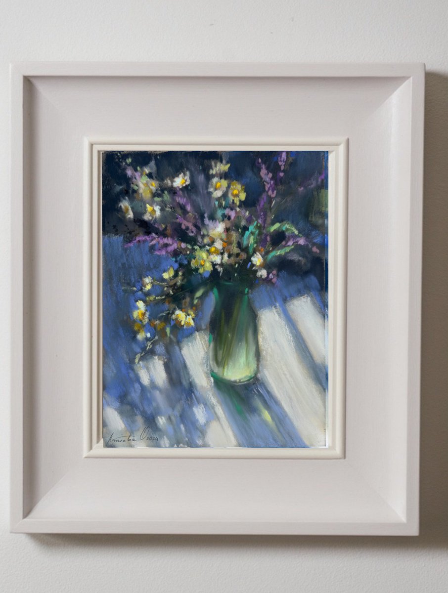 Graphic Botanical Pastel Drawing By Olha Laptieva, 10 X 12", Blue Mood, Original Artwork