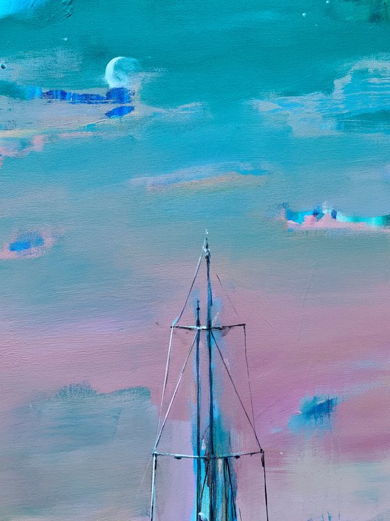 Big vertical painting - "Green dawn" - delicate color - sunset - sailing boat