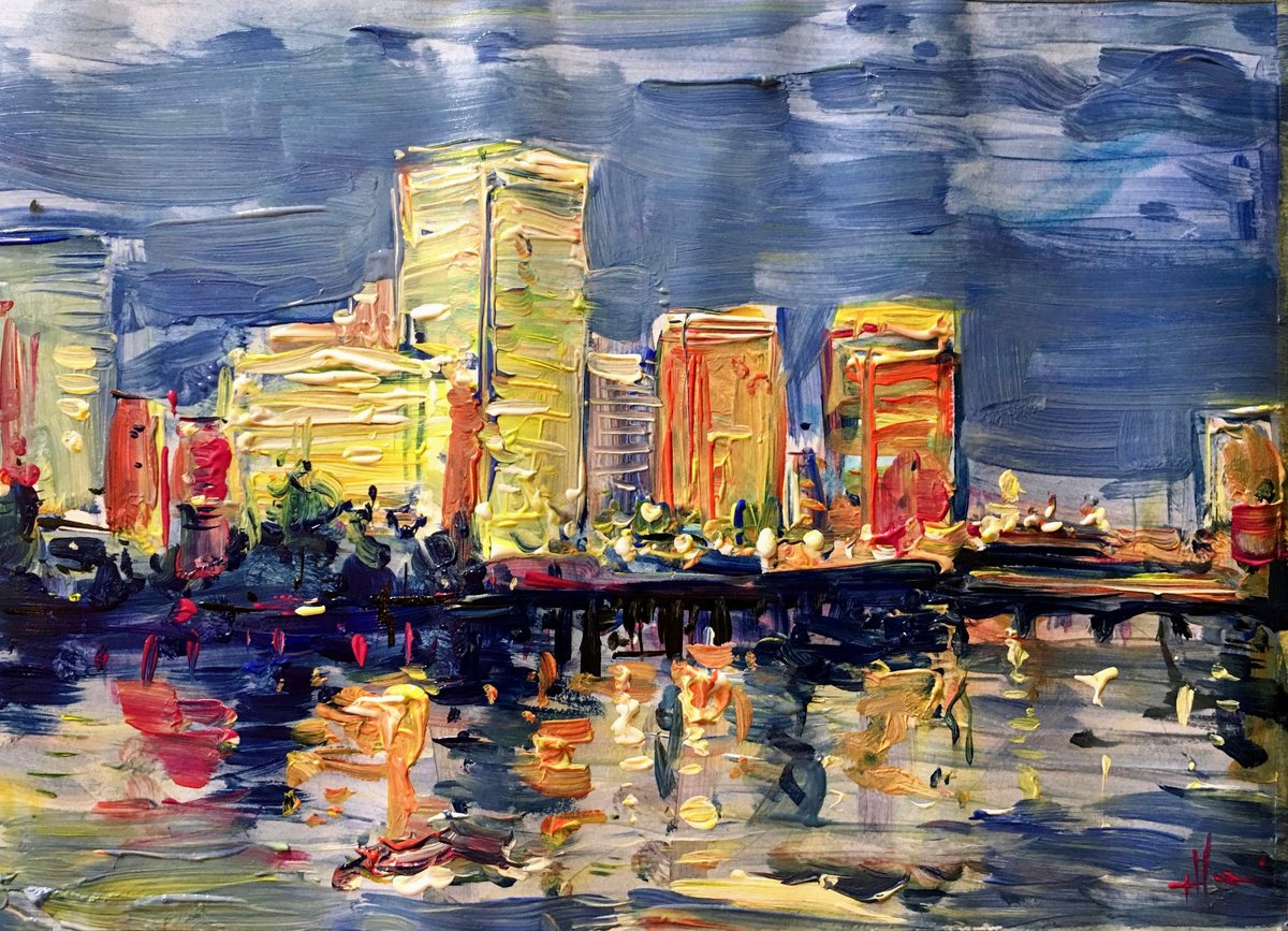 Impressionistic Landscape Acrylic Painting By Altin Furxhi, 13 X 9, Rainy Evening In Richmond, Original Artwork