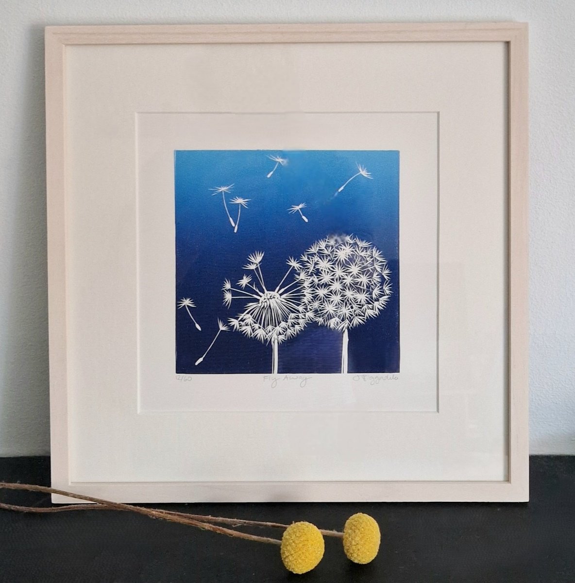 Illustrative Botanical Linocut By Jo Biggadike, 9 X 9, Fly Away, Original Artwork