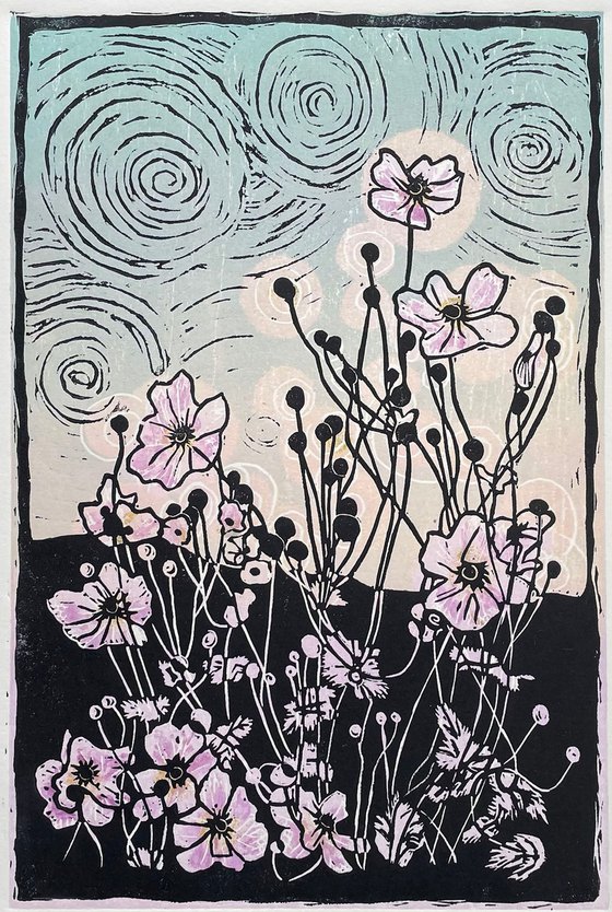 Anemones - Flower Contemporary Linocut Print