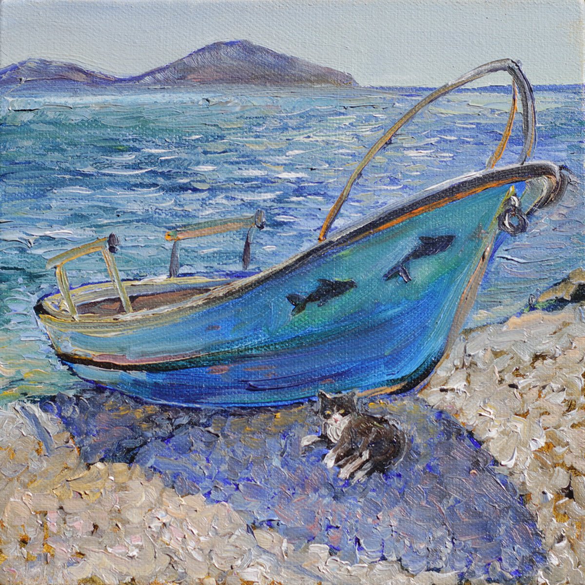 Impressionistic Animal Oil Painting By Elina Vetrova, 8 X 8, Harbor Cat And Lonely Boat, Original Artwork
