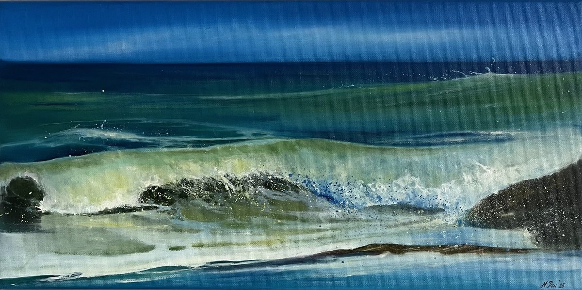 Photorealistic Landscape Oil Painting By Myroslava Denysyuk, 16 X 8", Green Wave, Original Artwork