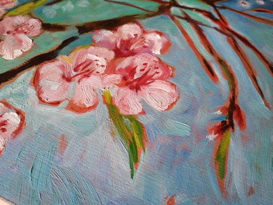 Almond blossom oil painting on wood